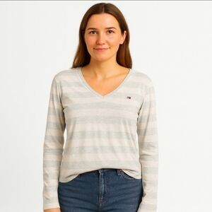 Tommy Hilfiger Gray White Preppy Nautical Logo Heritage Striped Sporty Sz XL